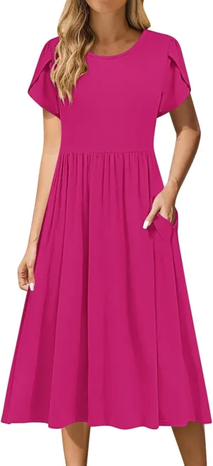 Women's Casual Summer Maxi Dress Spring Petal Short Sleeve Tshirt Dress with Pockets A Line Vacation Beach Sundress