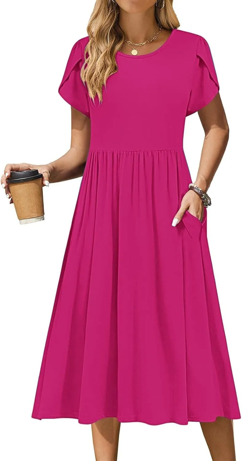 Women's Casual Summer Maxi Dress Spring Petal Short Sleeve Tshirt Dress with Pockets A Line Vacation Beach Sundress