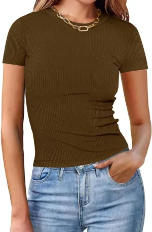 Womens Casual Tops Going Out Crop T Shirts Slim Fit Short Sleeve Crew Neck Tight Blouses Girls Summer Trendy Tunic