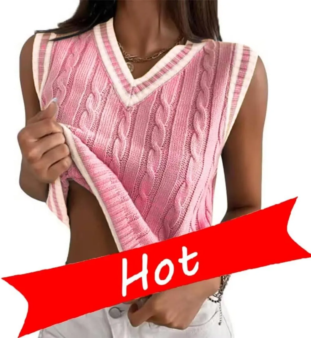 Women's Casual V Neck Cable Knit Sweater Vest Solid Sleeveless Tank Tops Women Vest
