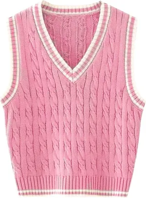 Women's Casual V Neck Cable Knit Sweater Vest Solid Sleeveless Tank Tops Women Vest