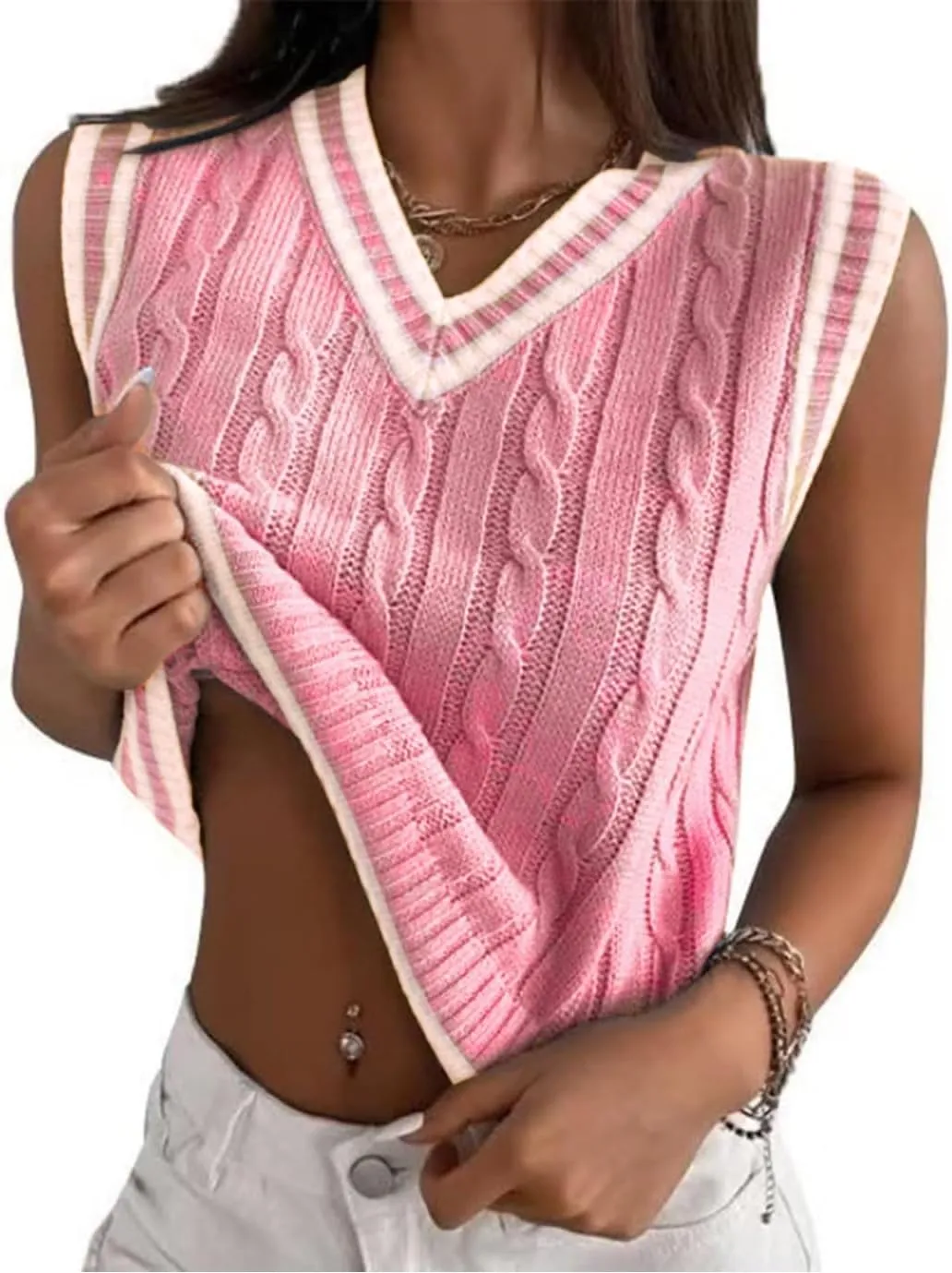 Women's Casual V Neck Cable Knit Sweater Vest Solid Sleeveless Tank Tops Women Vest