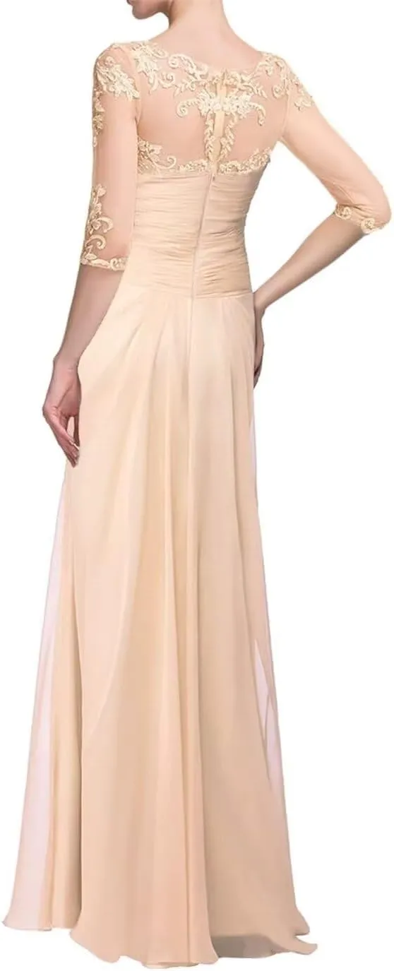 Women's Chiffon Mother of Bride Dresses 3/4 Sleeves Long Wedding Guest Dress Lace Formal Evening Gowns