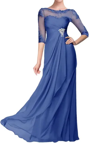 Women's Chiffon Mother of Bride Dresses 3/4 Sleeves Long Wedding Guest Dress Lace Formal Evening Gowns