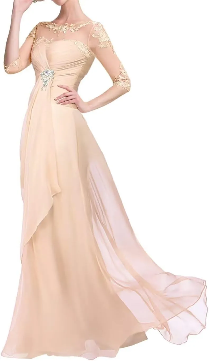 Women's Chiffon Mother of Bride Dresses 3/4 Sleeves Long Wedding Guest Dress Lace Formal Evening Gowns