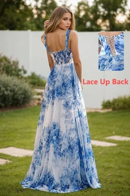 Women's Chiffon Prom Dresses Spaghetti Straps Floral Print Ball Gowns Ruched A Line with Slit Long Evening Gown