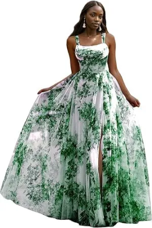 Women's Chiffon Prom Dresses Spaghetti Straps Floral Print Ball Gowns Ruched A Line with Slit Long Evening Gown