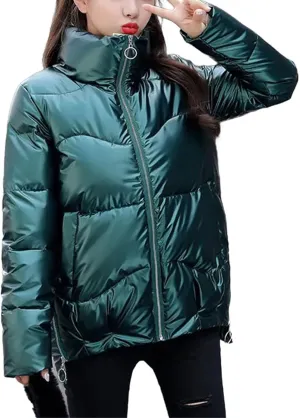 Women's Coats Silver Stand Collar Parkas Winter Jacket Pockets Padded Cotton Coat