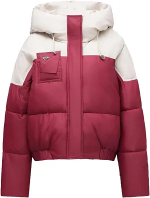 Women's Contrast Long Sleeve Parkas Coats Vintage Hooded Zipper Button Cotton-Padded Jacket