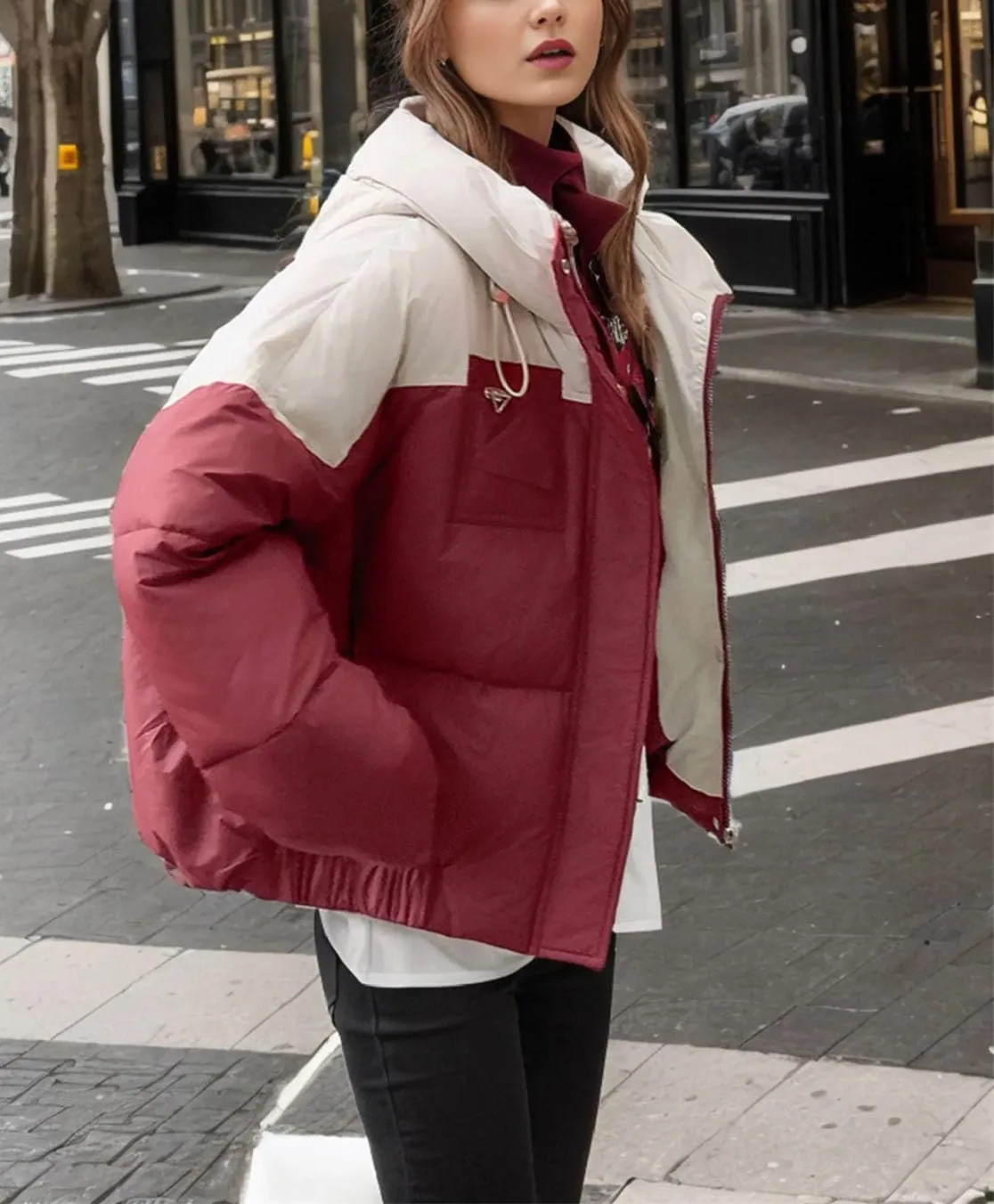 Women's Contrast Long Sleeve Parkas Coats Vintage Hooded Zipper Button Cotton-Padded Jacket