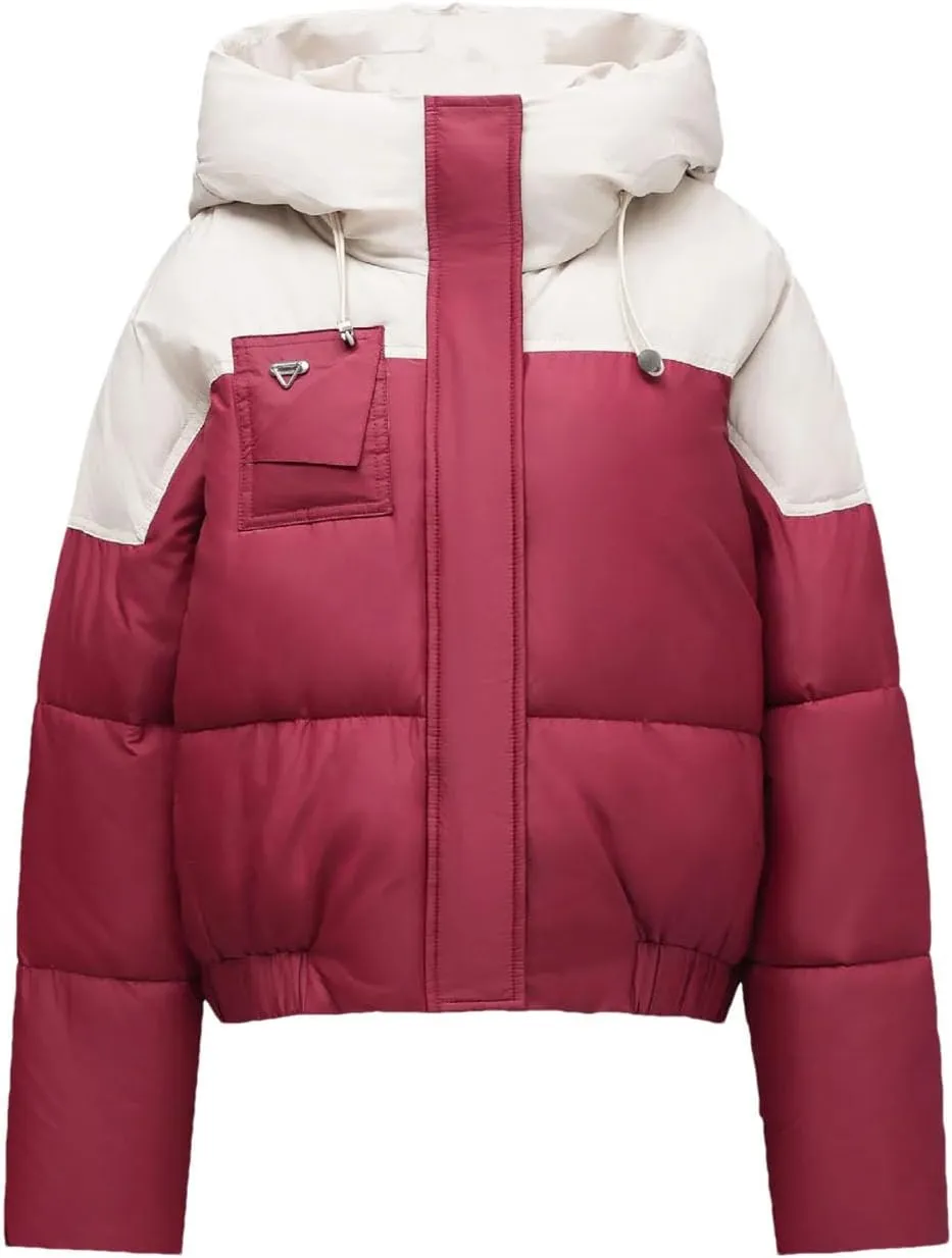 Women's Contrast Long Sleeve Parkas Coats Vintage Hooded Zipper Button Cotton-Padded Jacket