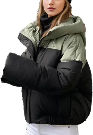 Women's Contrast Long Sleeve Parkas Coats Vintage Hooded Zipper Button Cotton-Padded Jacket