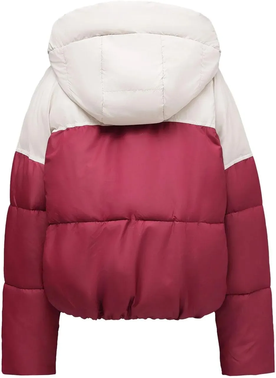 Women's Contrast Long Sleeve Parkas Coats Vintage Hooded Zipper Button Cotton-Padded Jacket