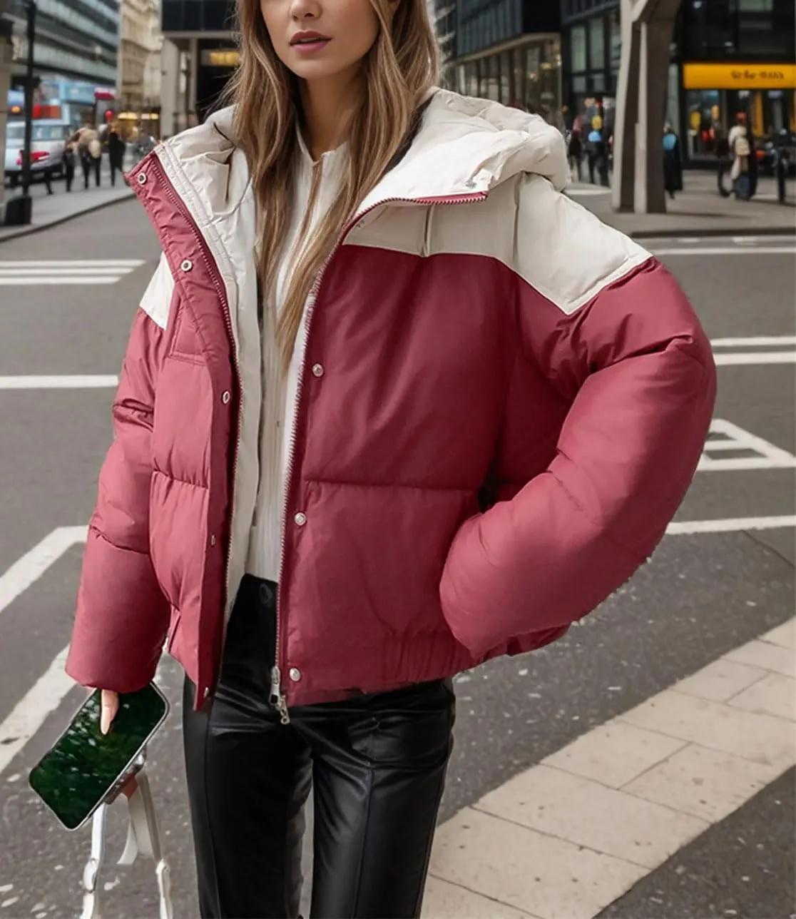 Women's Contrast Long Sleeve Parkas Coats Vintage Hooded Zipper Button Cotton-Padded Jacket
