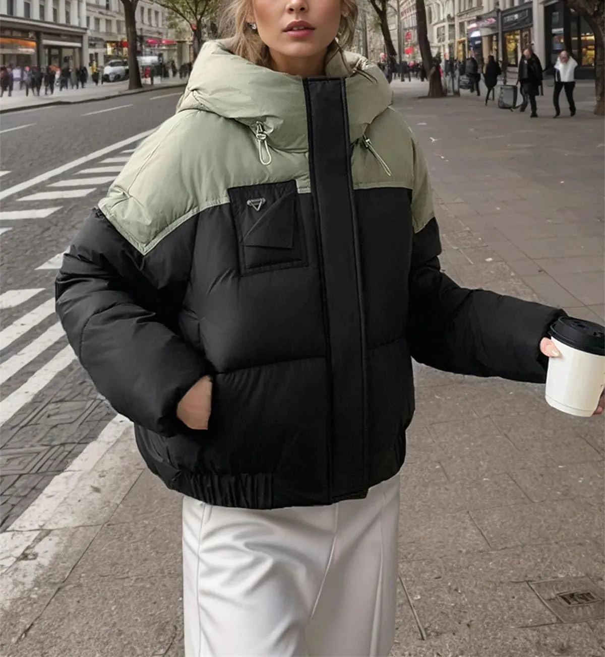 Women's Contrast Long Sleeve Parkas Coats Vintage Hooded Zipper Button Cotton-Padded Jacket
