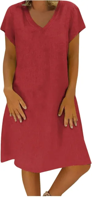 Womens Cotton Linen Midi Dress Summer Solid Color Short Sleeve V Neck T Shirt Dresses Plus Size Flowy Beach Sun Dress