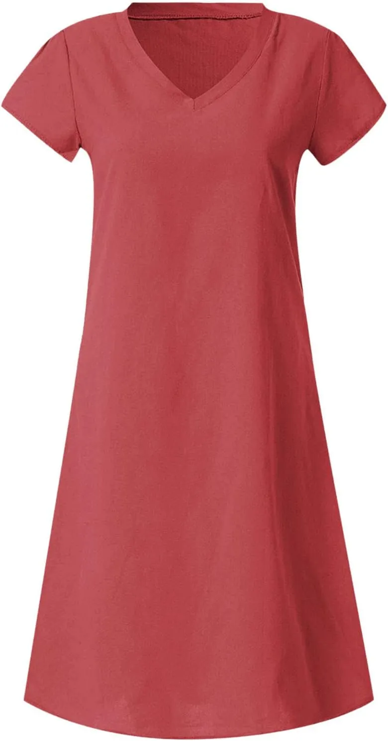 Womens Cotton Linen Midi Dress Summer Solid Color Short Sleeve V Neck T Shirt Dresses Plus Size Flowy Beach Sun Dress
