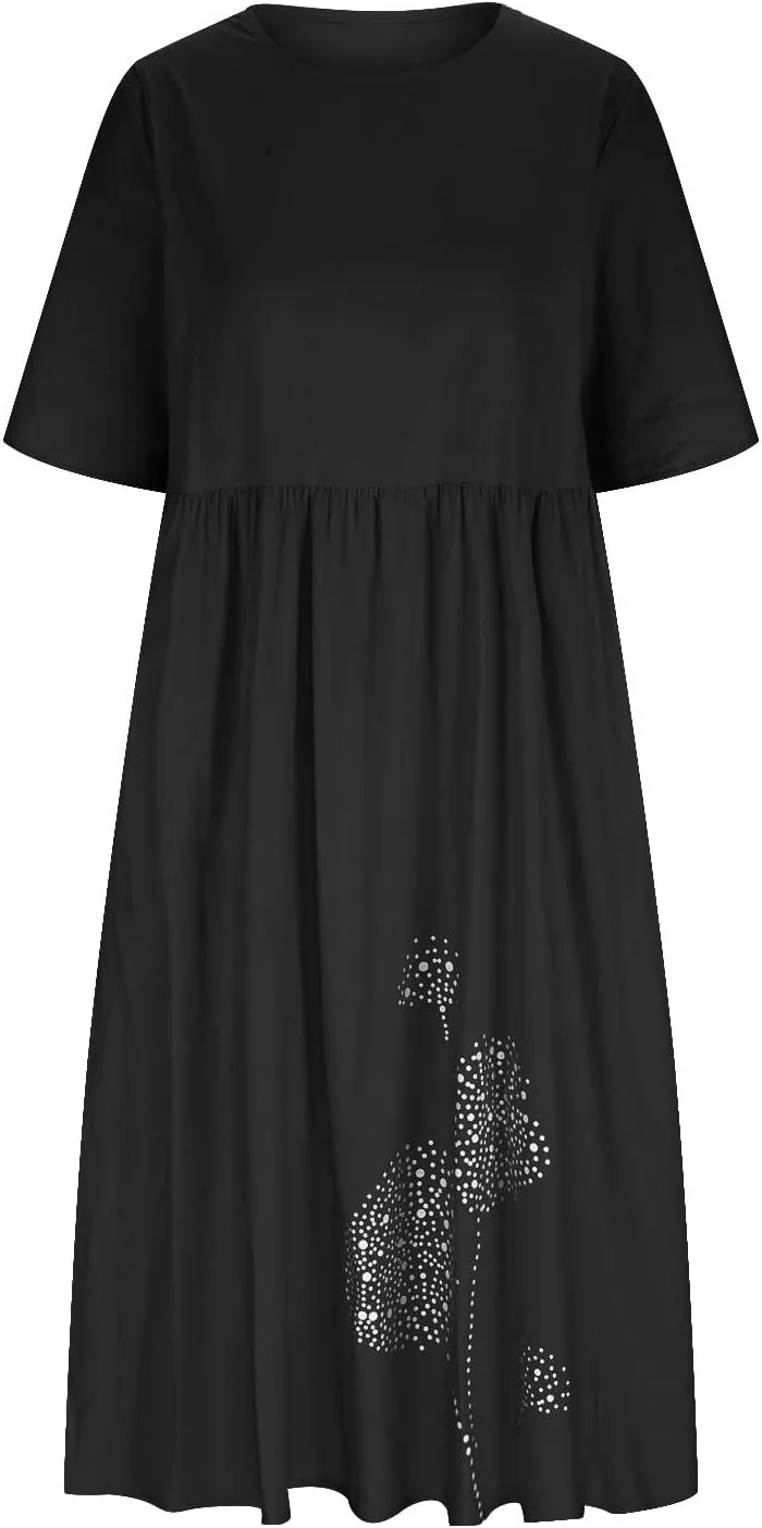 Women's Cotton Linen Short Sleeve Tshirt Dress Dandelion Print Casual Plus Size Midi Dresses Beach Dress with Pockets
