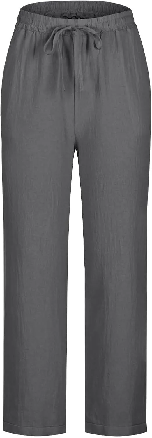 Womens Cotton Linen Straight Leg Pants Elastic Drawstring Casual Trousers with Pockets Summer Beach Loose Lounge Pant