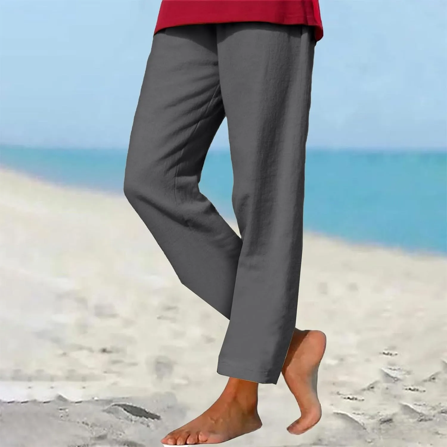 Womens Cotton Linen Straight Leg Pants Elastic Drawstring Casual Trousers with Pockets Summer Beach Loose Lounge Pant