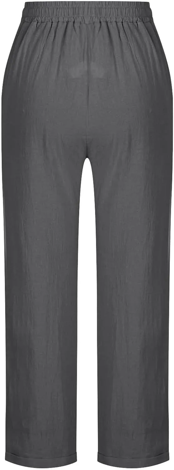Womens Cotton Linen Straight Leg Pants Elastic Drawstring Casual Trousers with Pockets Summer Beach Loose Lounge Pant