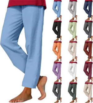 Womens Cotton Linen Straight Leg Pants Elastic Drawstring Casual Trousers with Pockets Summer Beach Loose Lounge Pant