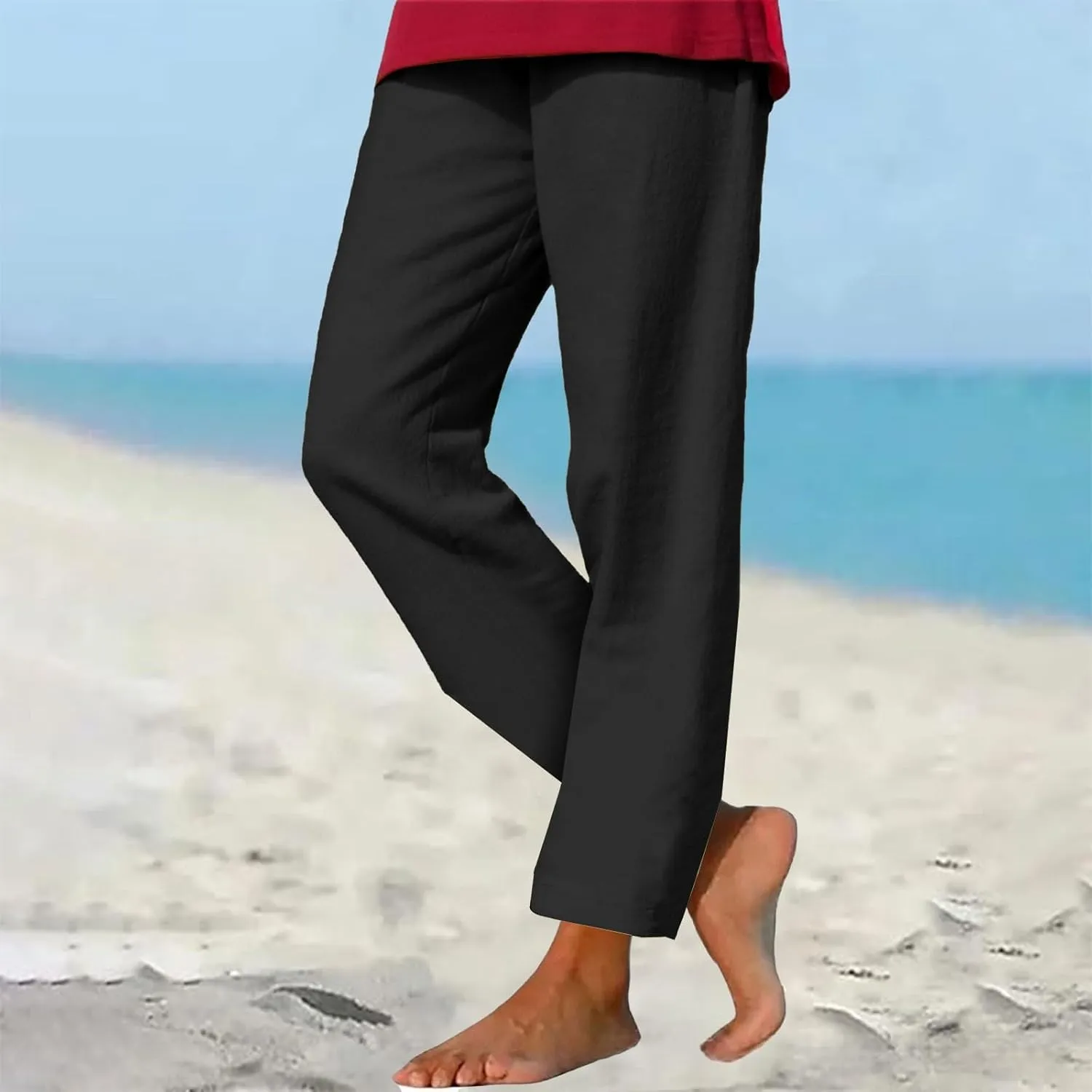 Womens Cotton Linen Straight Leg Pants Elastic Drawstring Casual Trousers with Pockets Summer Beach Loose Lounge Pant