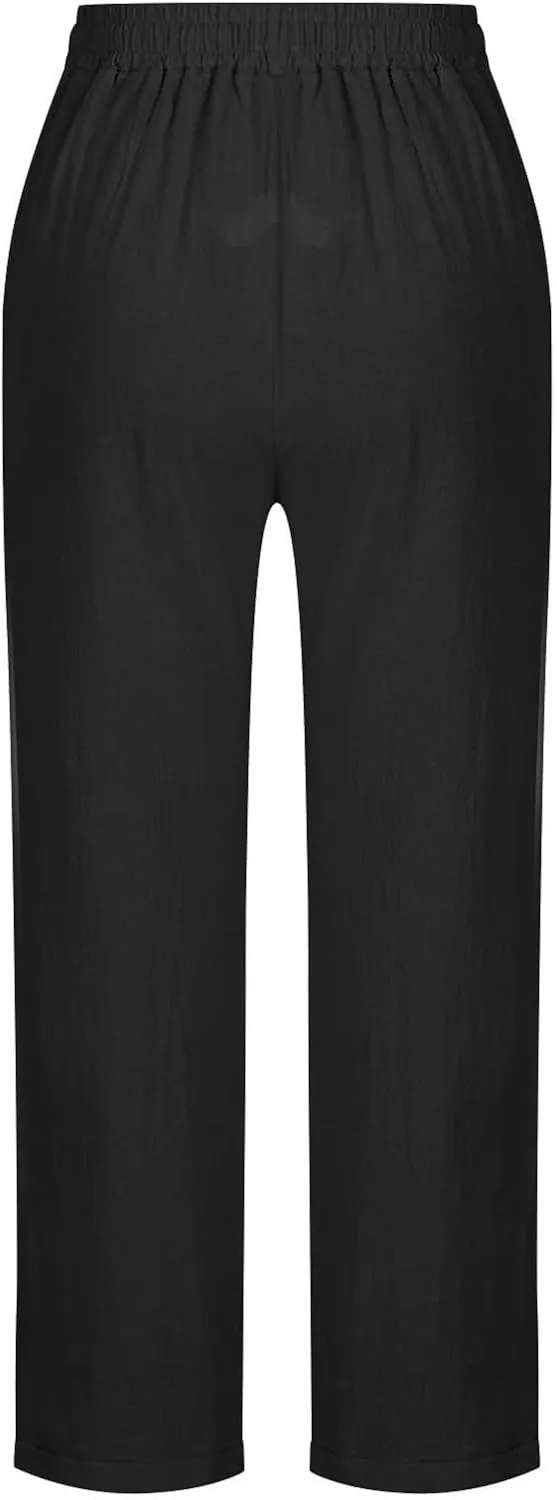 Womens Cotton Linen Straight Leg Pants Elastic Drawstring Casual Trousers with Pockets Summer Beach Loose Lounge Pant