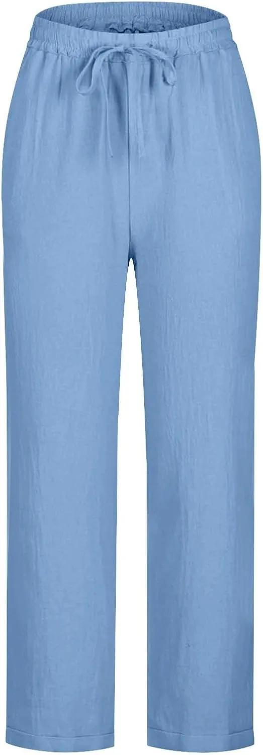Womens Cotton Linen Straight Leg Pants Elastic Drawstring Casual Trousers with Pockets Summer Beach Loose Lounge Pant