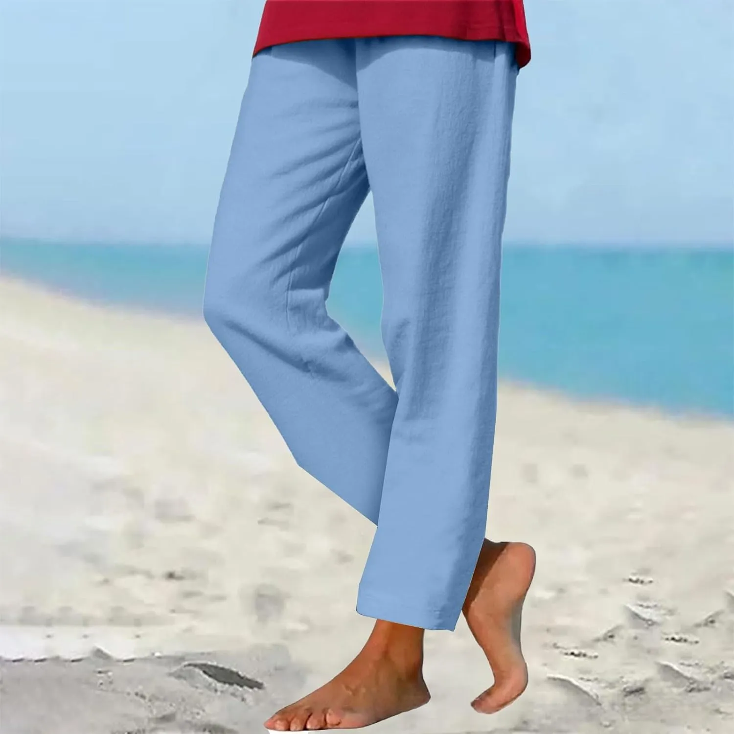 Womens Cotton Linen Straight Leg Pants Elastic Drawstring Casual Trousers with Pockets Summer Beach Loose Lounge Pant