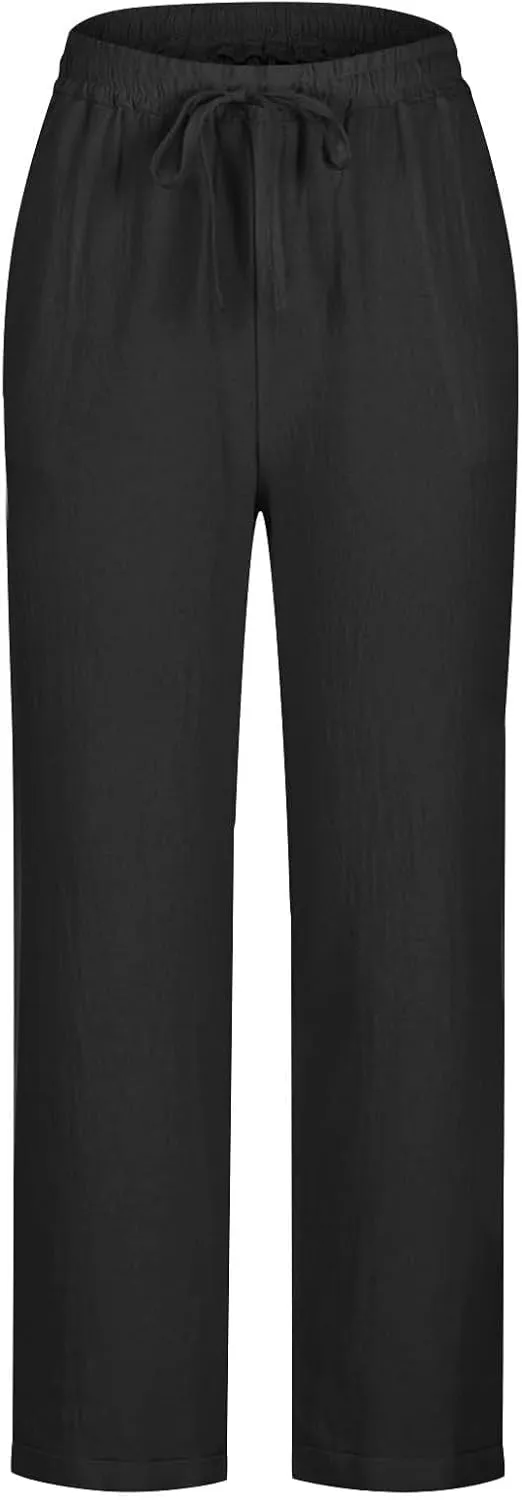 Womens Cotton Linen Straight Leg Pants Elastic Drawstring Casual Trousers with Pockets Summer Beach Loose Lounge Pant