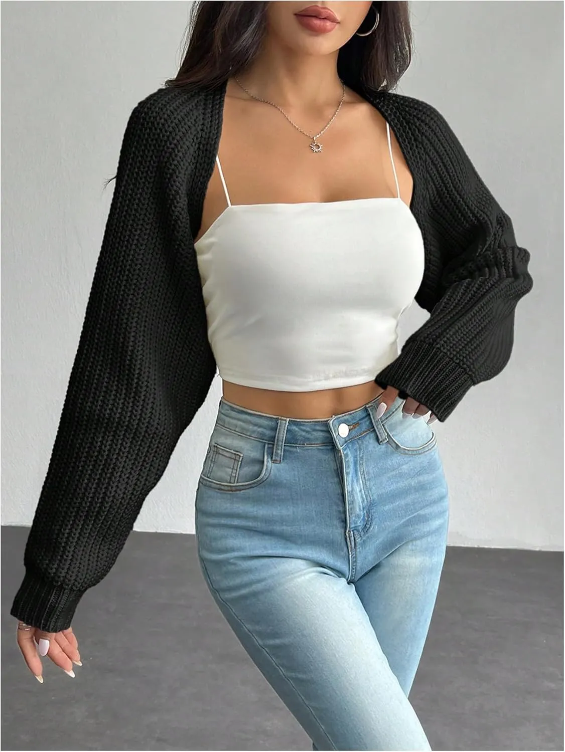 Women's Cropped Cardigan Sweaters Long Sleeve Bolero Shrug Open Front Cardigans for Women Trendy
