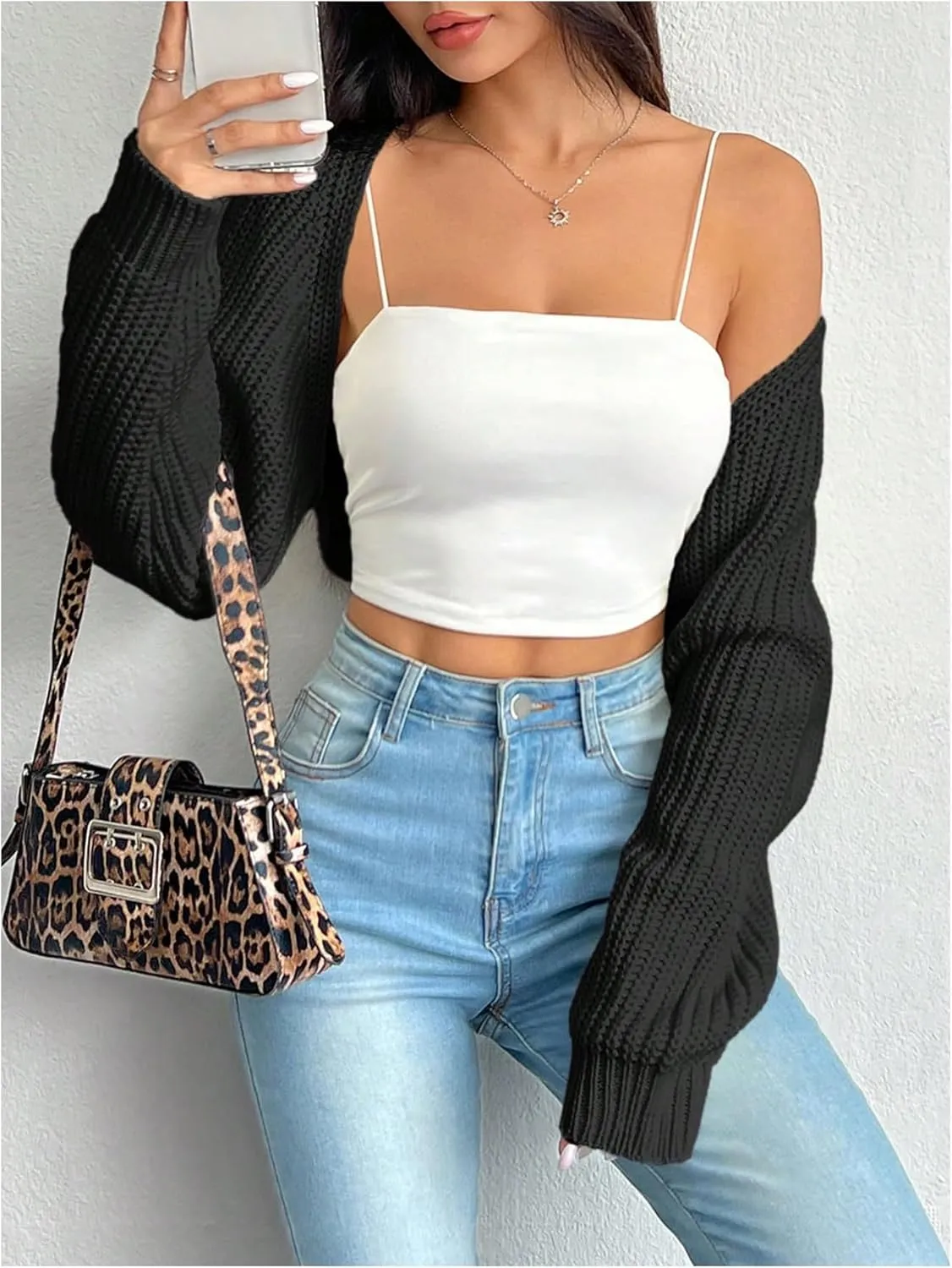 Women's Cropped Cardigan Sweaters Long Sleeve Bolero Shrug Open Front Cardigans for Women Trendy