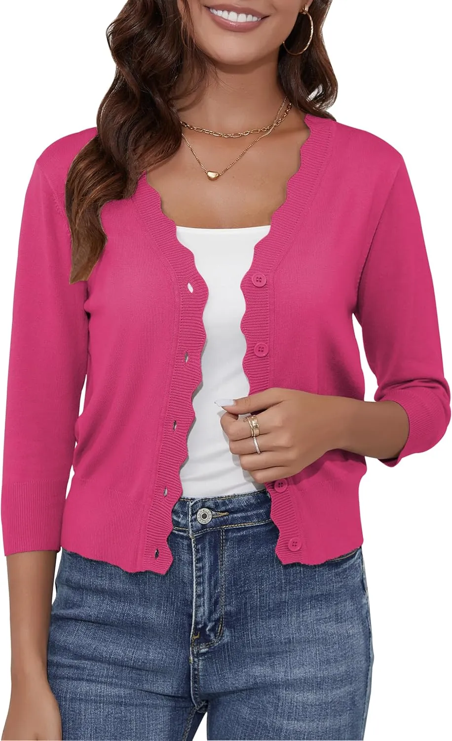 Women's Cropped Cardigans 3/4 Sleeve Button Down Lightweight Cardigan Sweaters Scalloped Edged Bolero Shrugs