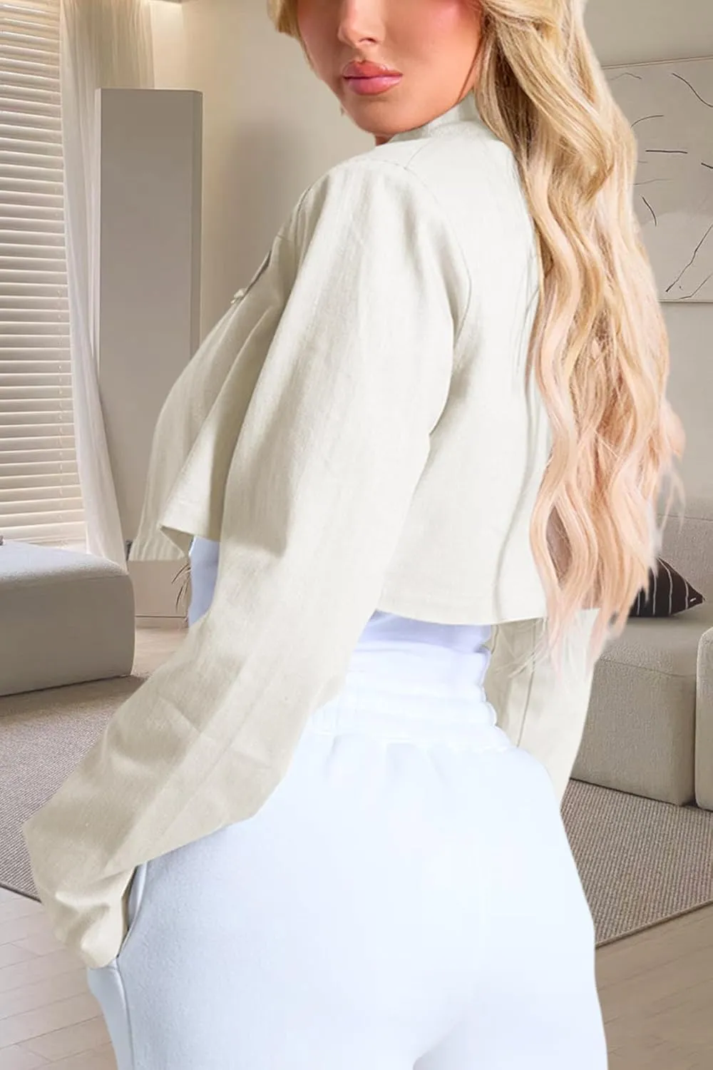 Women's Cropped Jacket Casual Zip Up Long Sleeve Lapel Crop Tops Jackets Coat