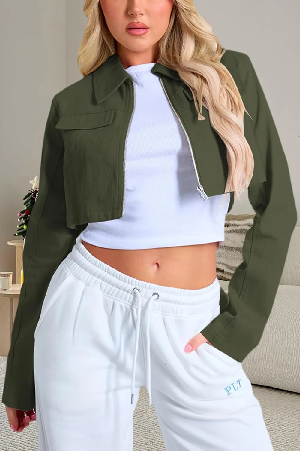 Women's Cropped Jacket Casual Zip Up Long Sleeve Lapel Crop Tops Jackets Coat