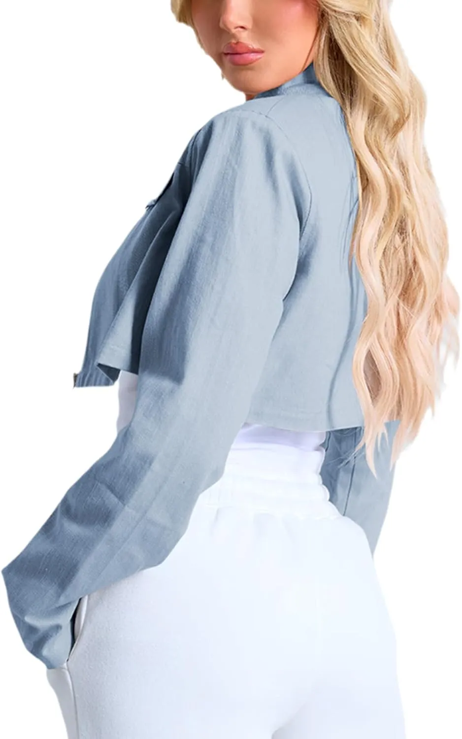 Women's Cropped Jacket Casual Zip Up Long Sleeve Lapel Crop Tops Jackets Coat