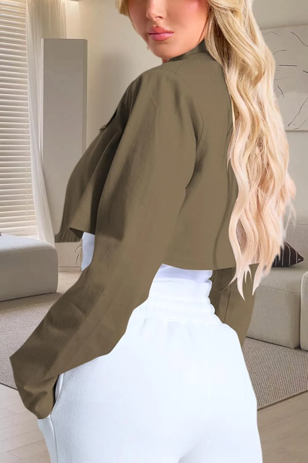 Women's Cropped Jacket Casual Zip Up Long Sleeve Lapel Crop Tops Jackets Coat