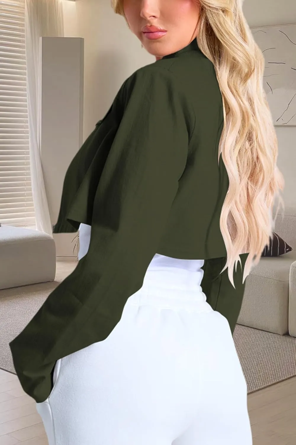 Women's Cropped Jacket Casual Zip Up Long Sleeve Lapel Crop Tops Jackets Coat