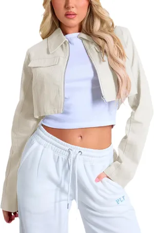 Women's Cropped Jacket Casual Zip Up Long Sleeve Lapel Crop Tops Jackets Coat