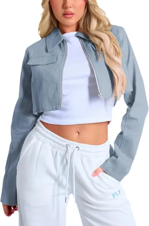 Women's Cropped Jacket Casual Zip Up Long Sleeve Lapel Crop Tops Jackets Coat