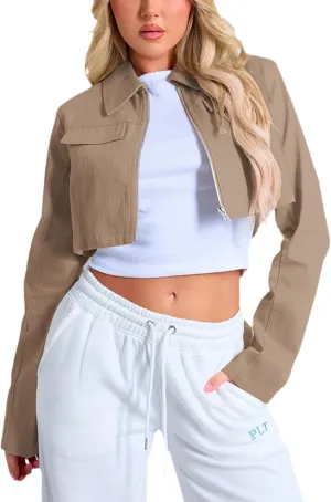 Women's Cropped Jacket Casual Zip Up Long Sleeve Lapel Crop Tops Jackets Coat
