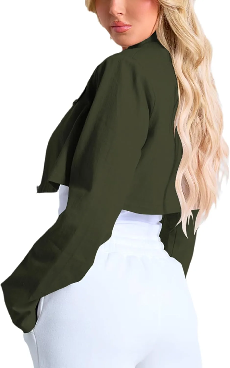 Women's Cropped Jacket Casual Zip Up Long Sleeve Lapel Crop Tops Jackets Coat