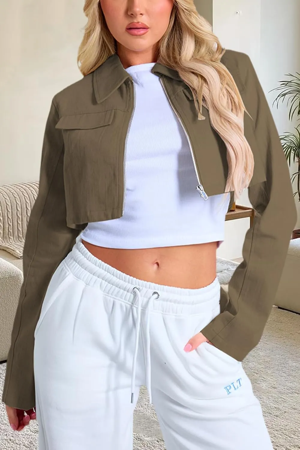 Women's Cropped Jacket Casual Zip Up Long Sleeve Lapel Crop Tops Jackets Coat
