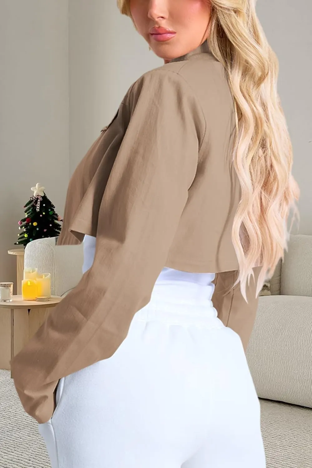 Women's Cropped Jacket Casual Zip Up Long Sleeve Lapel Crop Tops Jackets Coat