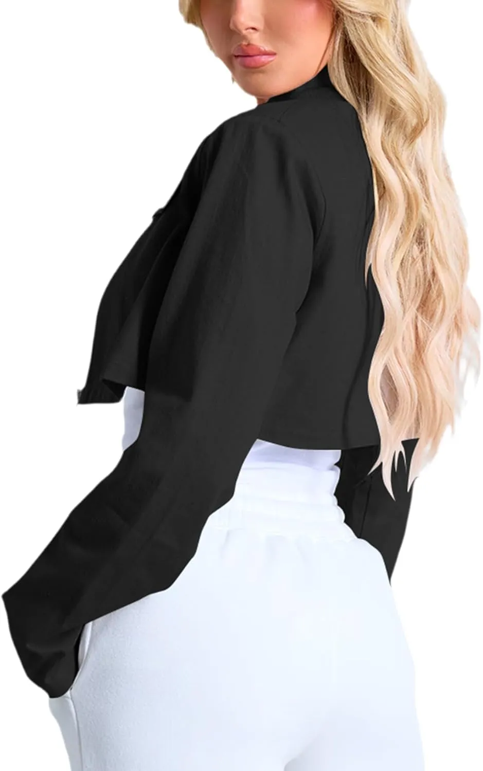 Women's Cropped Jacket Casual Zip Up Long Sleeve Lapel Crop Tops Jackets Coat