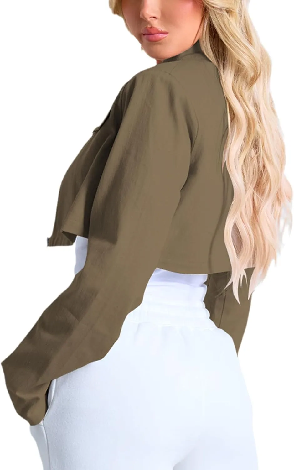 Women's Cropped Jacket Casual Zip Up Long Sleeve Lapel Crop Tops Jackets Coat