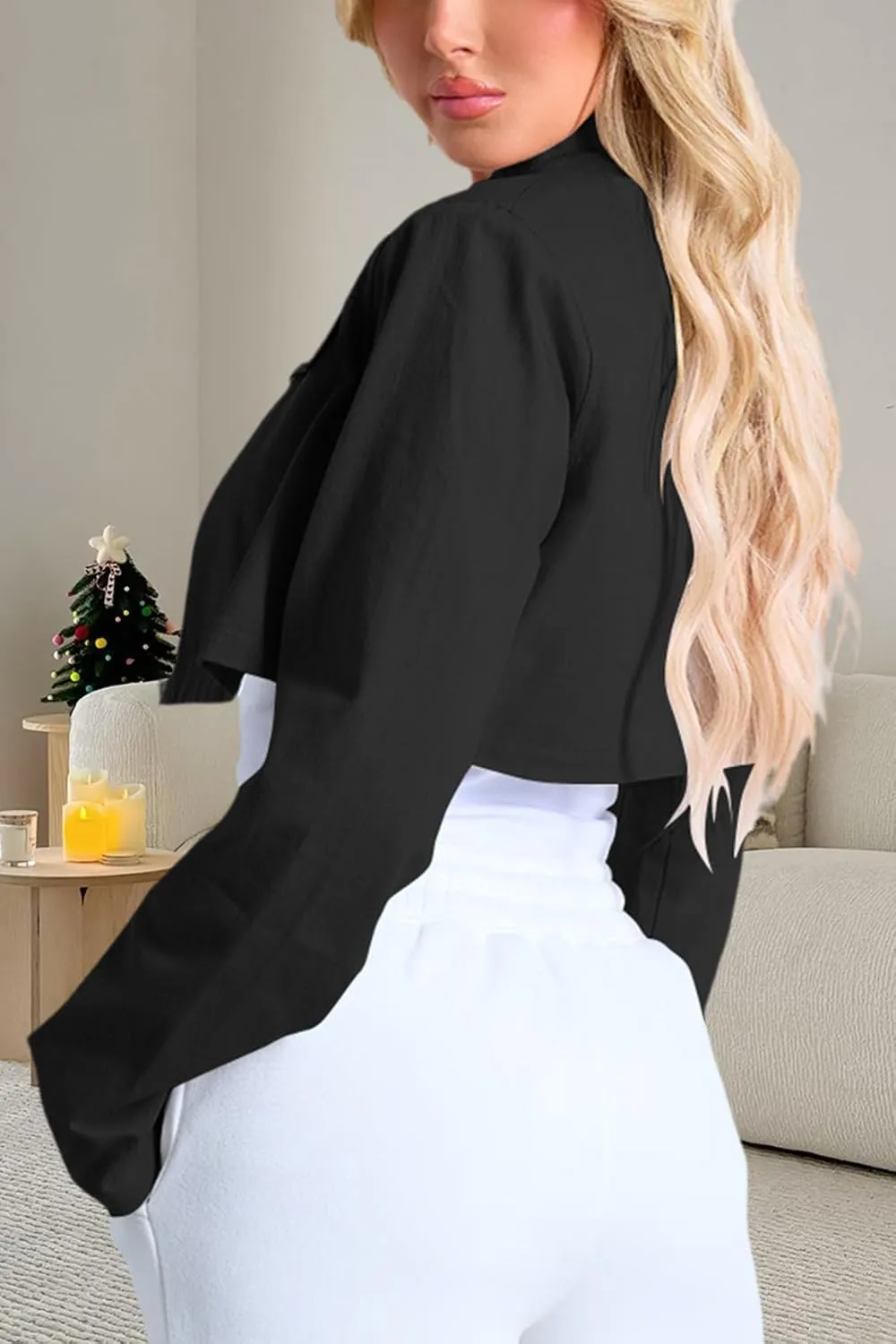 Women's Cropped Jacket Casual Zip Up Long Sleeve Lapel Crop Tops Jackets Coat
