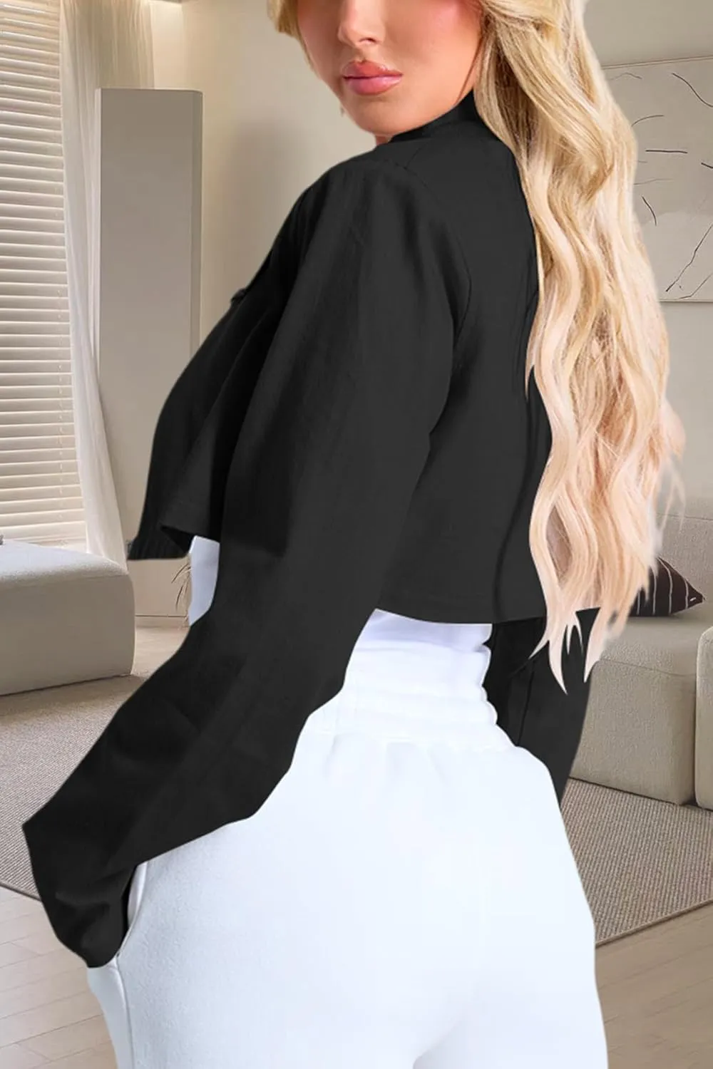 Women's Cropped Jacket Casual Zip Up Long Sleeve Lapel Crop Tops Jackets Coat