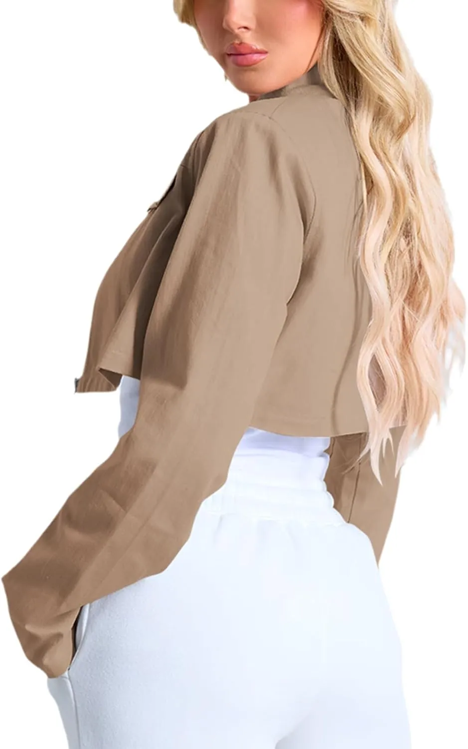 Women's Cropped Jacket Casual Zip Up Long Sleeve Lapel Crop Tops Jackets Coat